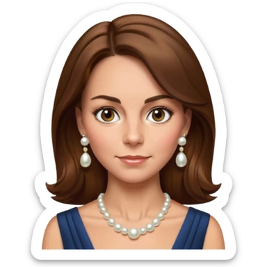 Kate Middleton as an apple style emoji, formal attire, pearl earrings, brown hair sticker