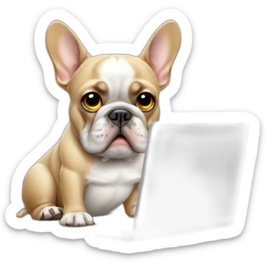 Unhappy FRENCH BULLDOg with laptop sticker