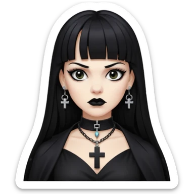 vampira parda com cabelo preto longo e liso e franja, olhos pretos, brincos em formato de cruz, choker em formato de cruz, roupa preta com decote nos seios, batom preto e séria sticker