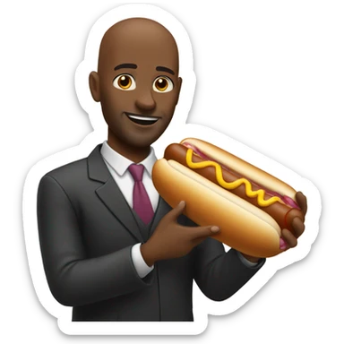 Bald black man with large hot dog sticker