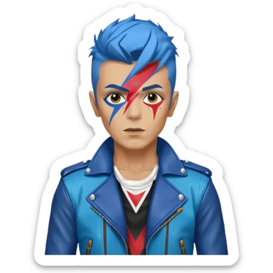 A male rockstar wearing Ebay brand colours and David Bowie face paint - showing more of his torso and blue hair sticker