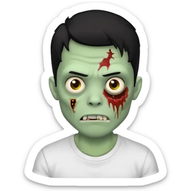 Rosto de frente classico de zombie boca meio torta cabelos medios pretos low fade com pele verde clara camiseta branca sticker