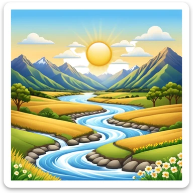 new zealand summer valley with a river and sunshine sticker
