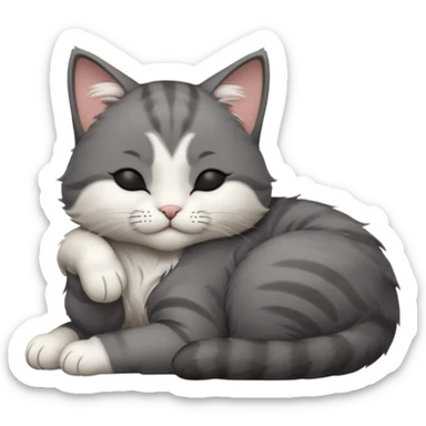dark grey and white small cat with his eyes closed, leaning his head on his paw while leaning on his elbow lying down sticker