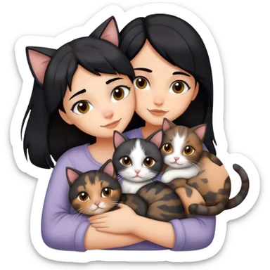 girl with black hair hugging three cats  (tortie cat, gray cat, brown calico cat) sticker