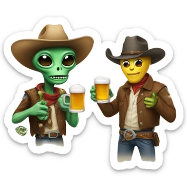 Alien and a cowboy having a beer  sticker