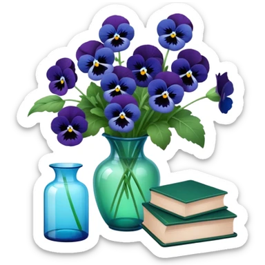 Aesthetically arranged books in dark green and next to them a bouquet of blue pansies in a light green glass vase sticker