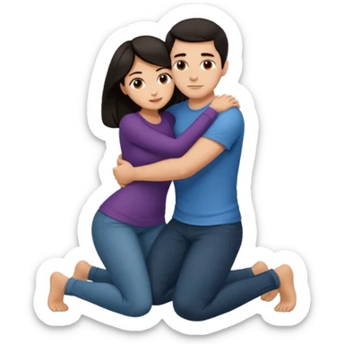 man with dark hair on knees, facing dark haired standing woman, hugging her waist sticker