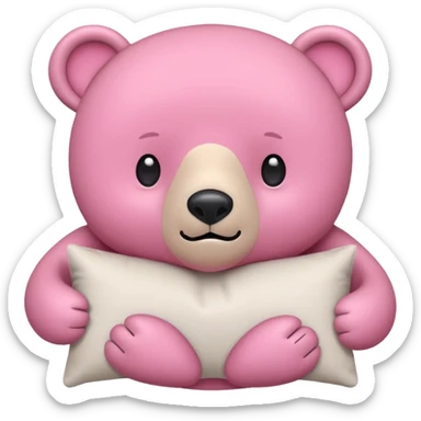 pink bear ready for a pillow fight, holding a pillow, flat minimal rounded shapes, simple face, cute and playful, iPhone emoji style, no text sticker