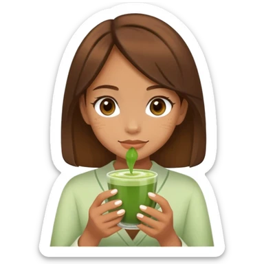 Girl with tan skin and brown hair pretty holding a matcha sticker