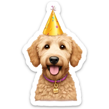 golden doodle with a birthday hat sticker