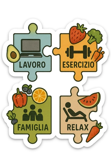 Puzzle (Lavoro, Esercizio, Famiglia, Relax), in lavoro metti icona di un PC, in Esercizio un Manubrio, in Famiglia una famiglia, in Relax qualcuno che riposa and healthy foods are integrated into each piece. in italiano sticker