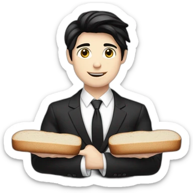 Full height Pale skinned Fit Man With black hair and medium black bread in classic black suit, white office shirt. Thrumbs of his palms directed up sticker