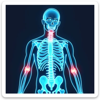 Medical illustration: glowing human body silhouette with highlighted joints, cool blue and green healing energy radiating outward, red inflammation areas being neutralized by blue light, clean clinical aesthetic, futuristic background sticker