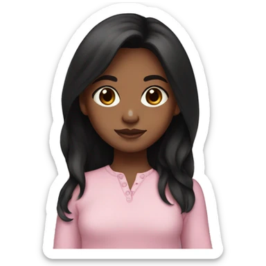 brown skin girl with dark brown eyes. long black hair and a baby pink long sleeve shirt sticker