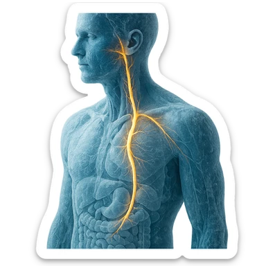 realistic human body with vagus nerve highlighted, oblique view, anatomical details, vagus nerve path clearly visible, cold effect with blue shades and ice, transparency on internal organs, neutral background sticker
