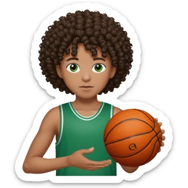 Black person with curly hair and green eyes a basketball on a hand  sticker