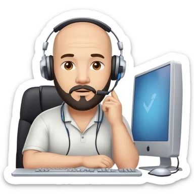 heavy-set man with chin beard wearing a headset in front of a computer sticker