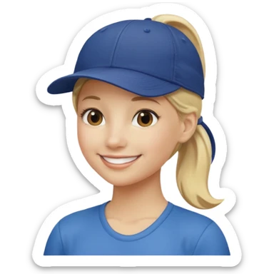 blond woman, pony tail, ball cap sticker
