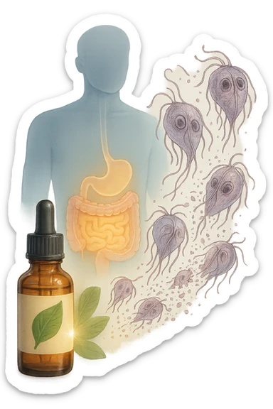 A realistic, high-quality medical illustration showing microscopic parasites leaving the human intestines, symbolically dissolving and breaking apart, after the intake of natural kinesiological drops. The drops are shown in a small amber glass dropper bottle in the foreground with a green leaf on the label, emitting a subtle glow symbolizing detox and cleansing. The background depicts a semi-transparent human silhouette with a highlighted digestive tract, showing clean, healthy intestines, while parasites in translucent fading colors are moving out, symbolizing elimination. The atmosphere is clean, fresh, and conveys a sense of natural healing, detoxification, and hope. sticker