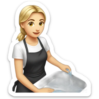Slavic girl washes the floor in a white T-shirt and a black apron sticker