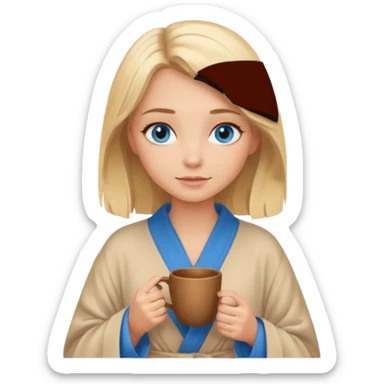 cozy blonde girl with middle length hair and blue eyes holds a brown cup in beige  robe sticker