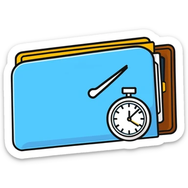 wallet with a zooming clock with motion blur in top right corner, clock with speed streaks, speedometer-style clock showing fast service sticker