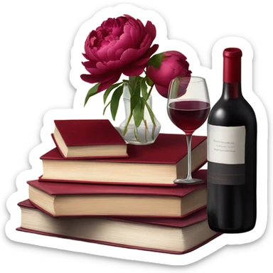 A crimson stack of books with deep red peonies and a glass of red wine sticker
