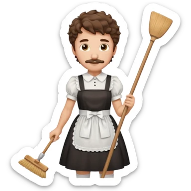 Guy with short shaggy brown hair , a curly mustache, wearing a cute maid dress, sweeping sticker