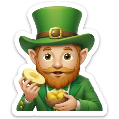 A Irish man eating a potato wearing a leprechaun outfit ￼ sticker