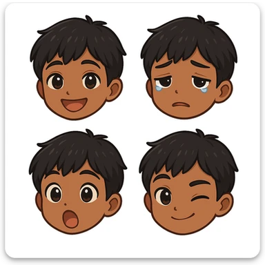 Create four expressive emoji faces based on the provided avatar image: happy, sad, surprised, and winking expressions. Keep the cartoon style and colors true to the original avatar, maintaining the chibi stickers style with vibrant and cute features. sticker
