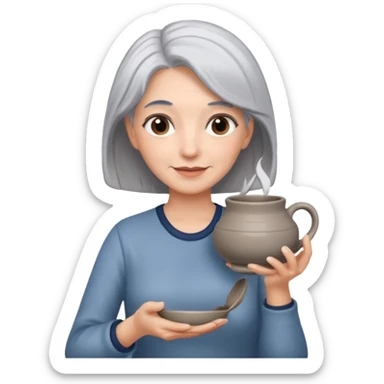 Woman with grey hair with ceramics sticker