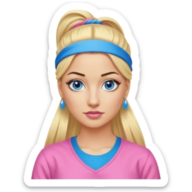 Me Julie from Ali G Indahouse with blue eyes, blonde long ponytail hair, pink outfit sticker