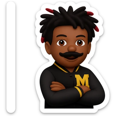 Add a mustache to the male African American emoji wearing a letterman jacket with an M on it, arms crossed and smiling. Keep the background transparent. Maintain the original style and details of the emoji. sticker
