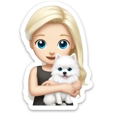 Blond girl white skin blue eyes hugging white Pomeranian with light pink bow sticker