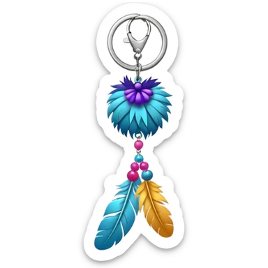 Keychain with big hanging feather and beads and Pom-poms attached    sticker