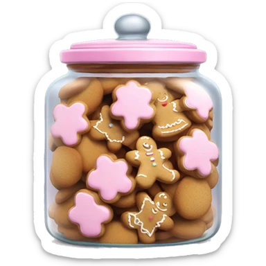 Realistic glass cookie jar with light pink lid full of gingerbread cookies isolated.  sticker