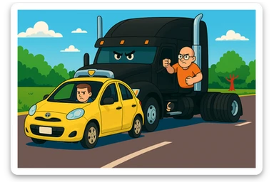 Make the driver of the black semi truck look angry, bald, wearing an orange shirt and glasses, with their arm out the window. Keep the scene bright and vibrant, with a person in the car in front. sticker