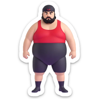 Extreme close-up of face of morbidly obese white skin guy with young face, prominent BLACK DURAG tied clearly on head, distinct black beard and mustache, black eyes in a red and black wrestling singlet with angry expression sticker