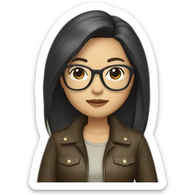 asian girl with glasses and a leather jacket with a  khaki shirt and long dark hair sticker