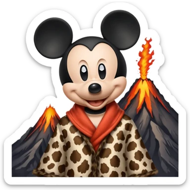 a mickey mouse wearing ancient animal skin cloth with volcano behind, half body, icon sticker