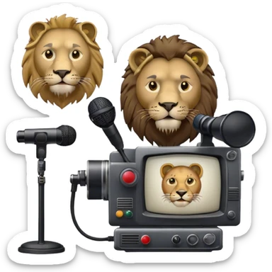 Icon for Documentary TV Show: A TV screen with a microphone, books, historical documents and scientific symbols. Include a roaring lion or other animal, interview setup with a camera and a serious-looking news anchor or narrator. Transparent background. sticker