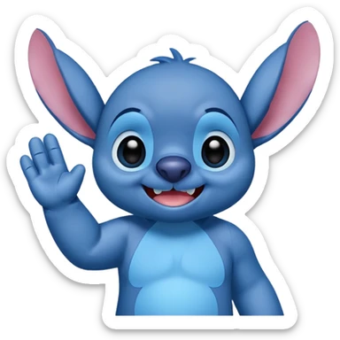 Stitch from Lilo & Stitch, mischievous grin, waving hand, blue color sticker