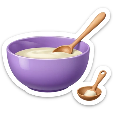 a lilac ceramic mixing bowl with a wooden spoon stirring sticker