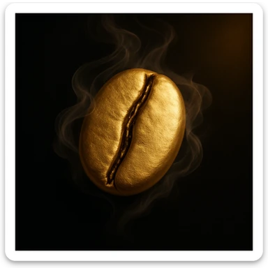 a single golden coffee bean, highly detailed and realistic, clean minimalist luxurious elegant style, bean wrapped in soft swirling mist evoking warmth and aroma of freshly brewed coffee, highest resolution, suitable for logo and branding, inspired by reference image, black background with soft golden glow in corners, transparent edges sticker