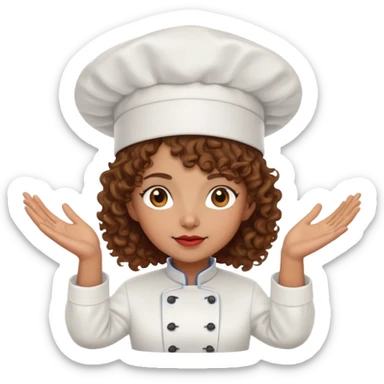 Light brown skinned mixed-race female chef with medium-length curly brown hair, wearing a chef's hat (toque), with both an angel halo and devil horns on her head sticker