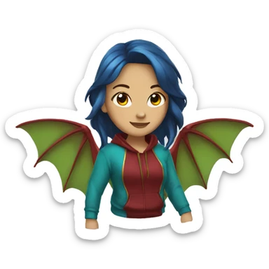 Lady with brunette and blue hair, gold, green dragon wings, maroon hoodie, and bright red eyes sticker