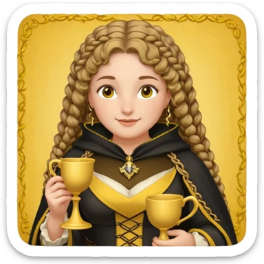 Helga Hufflepuff, 2 curly thick brown braids, yellow-black medieval dress, black cloak decorated with gold braiding, tiny two-handled shiny yellow-gold cup, very kind smile, curvy busty sweet woman, thick rosy cheeks sticker