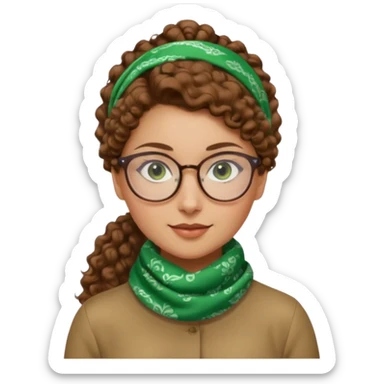 iranian woman, tight curly light brown hair in one high pony tail, glasses, green eyes, pretty, oval shape face, no hajib, scarf on neck sticker