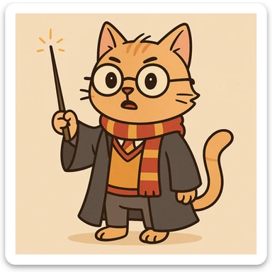 a cat as Harry Potter wearing wizard robes and holding a wand, cartoon style sticker